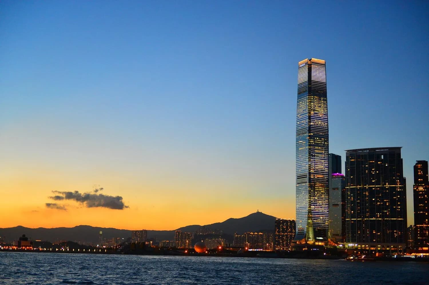LED media façade on the ICC Tower in Hong Kong at night
