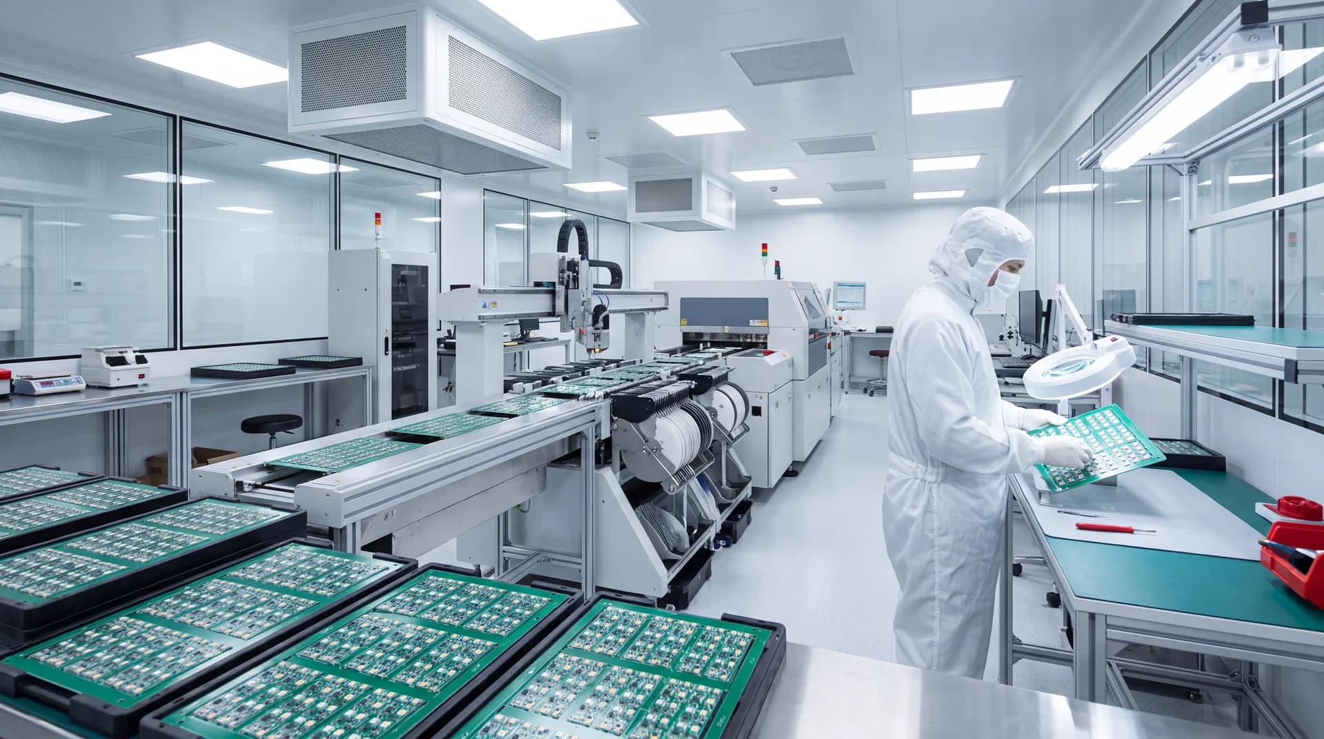 SAVC in-house LED manufacturing cleanroom with a technician inspecting a module
