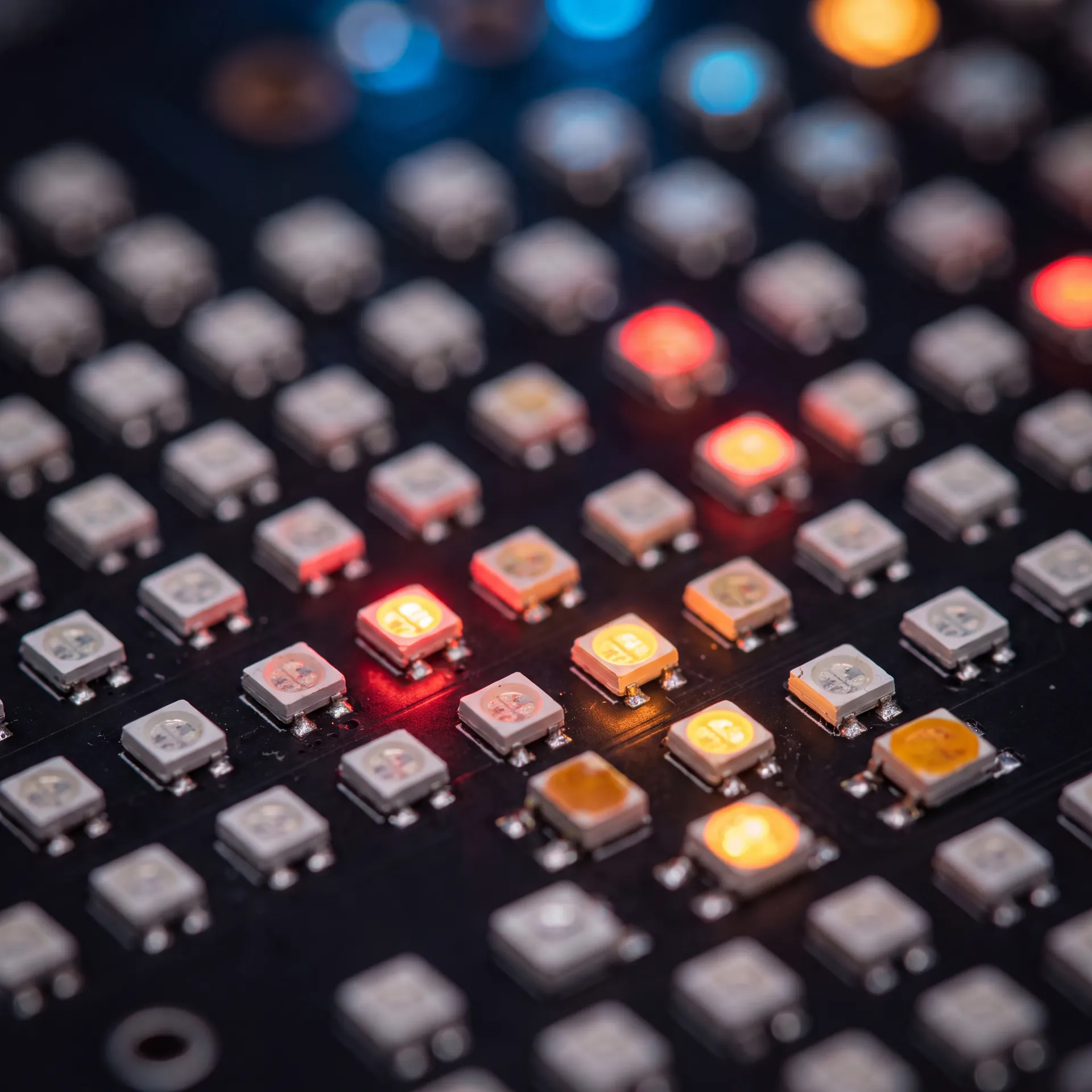 Macro close-up of a fine-pitch SMD LED matrix with lit red and amber emitters