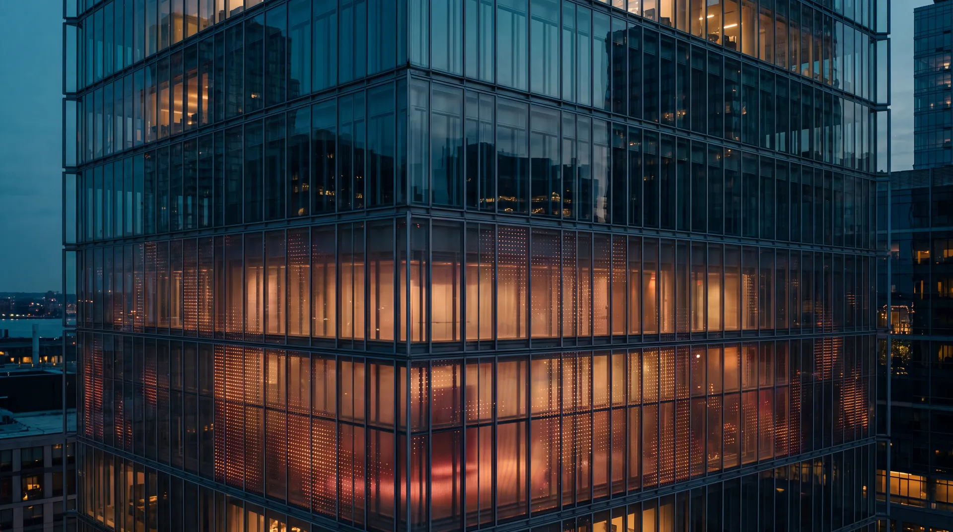 Transparent media façade emerging from glass architecture at blue hour
